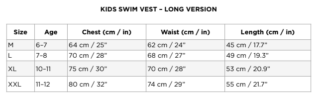 Kids Swim Vest Long Version - Size Chart
