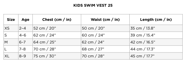 Kids Swim Vests Size Chart