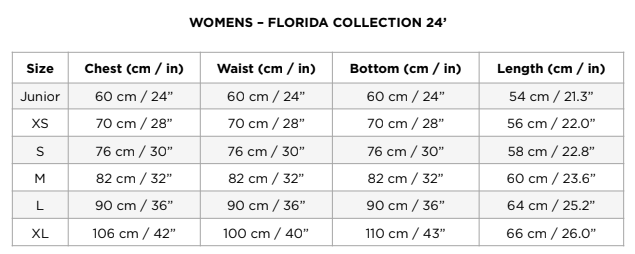 Women's Florida Collection Size Chart