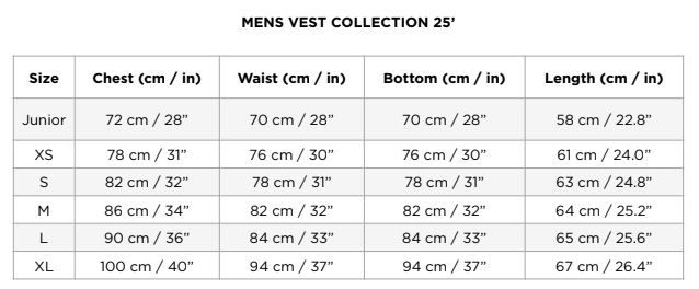Men's Vest Collections Size Chart