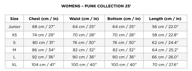 Women's Punk Collection - Size Chart